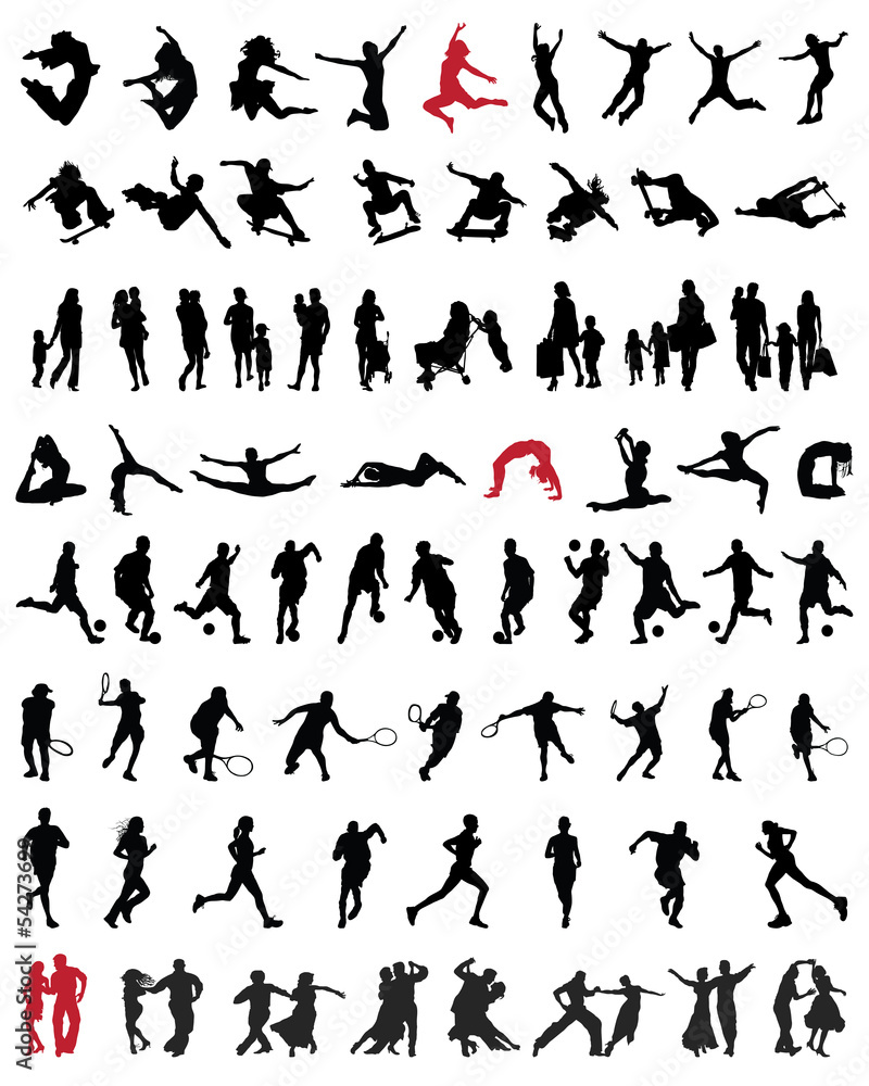 Big and different set of people silhouettes 2, vector