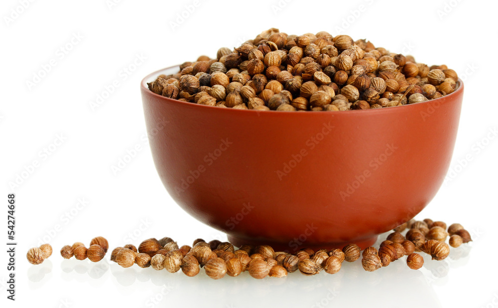 Heap coriander seeds in ceramical bowl isolated on white Heap coriander seeds in ceramical bowl isolated on white