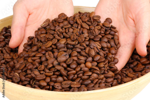 Coffee beans in hands close-up