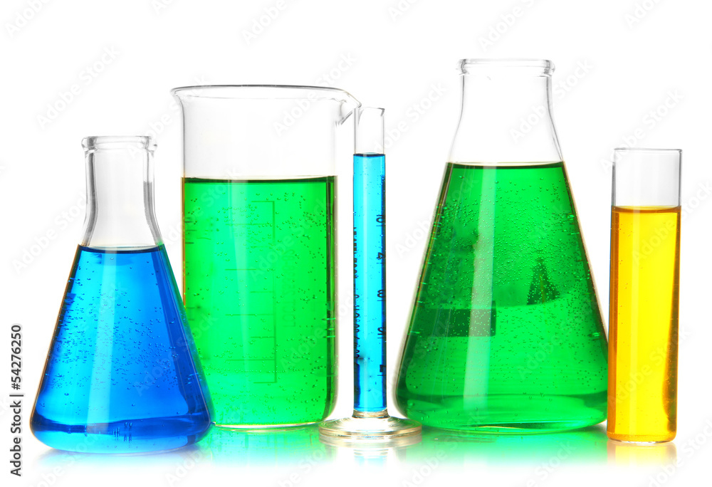 Test tubes with colorful liquids isolated on white Test tubes with colorful liquids isolated on white