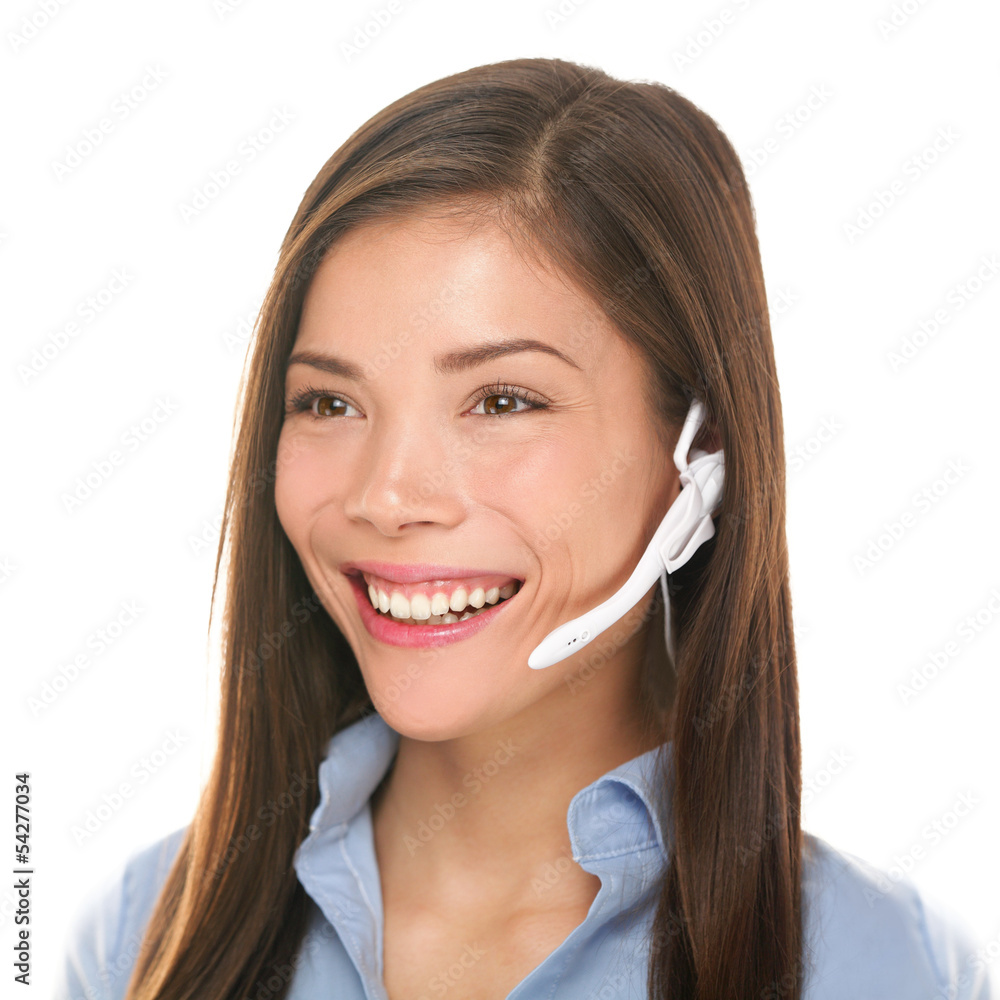 Headset customer service woman talking friendly Headset customer service woman talking friendly