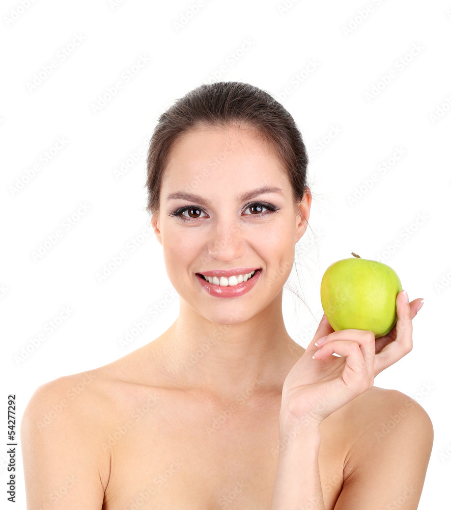 Smiling woman with apple isolated on white Smiling woman with apple isolated on white