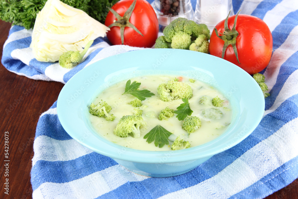 Cabbage soup in plates on napkin on wooden table Cabbage soup in plates on napkin on wooden table