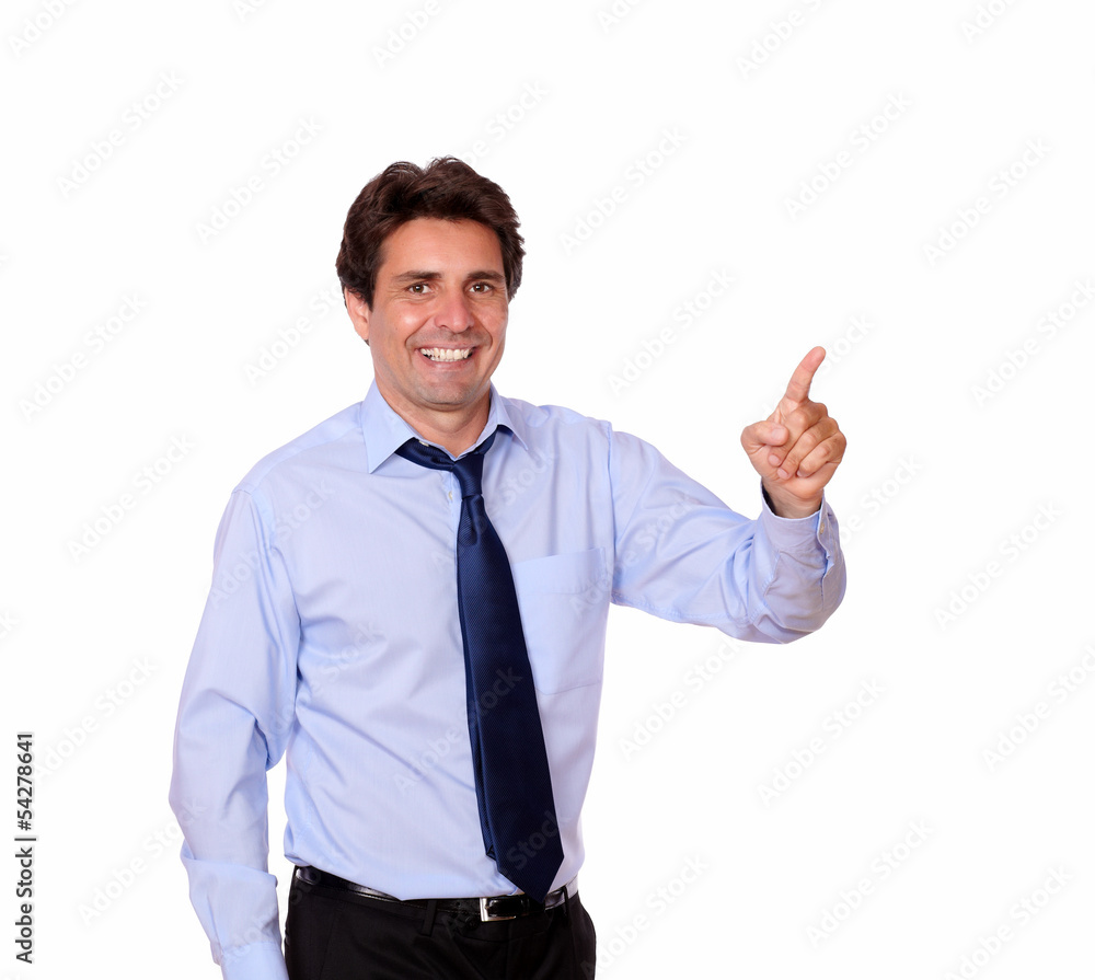 Handsome businessman pointing to his left Handsome businessman pointing to his left