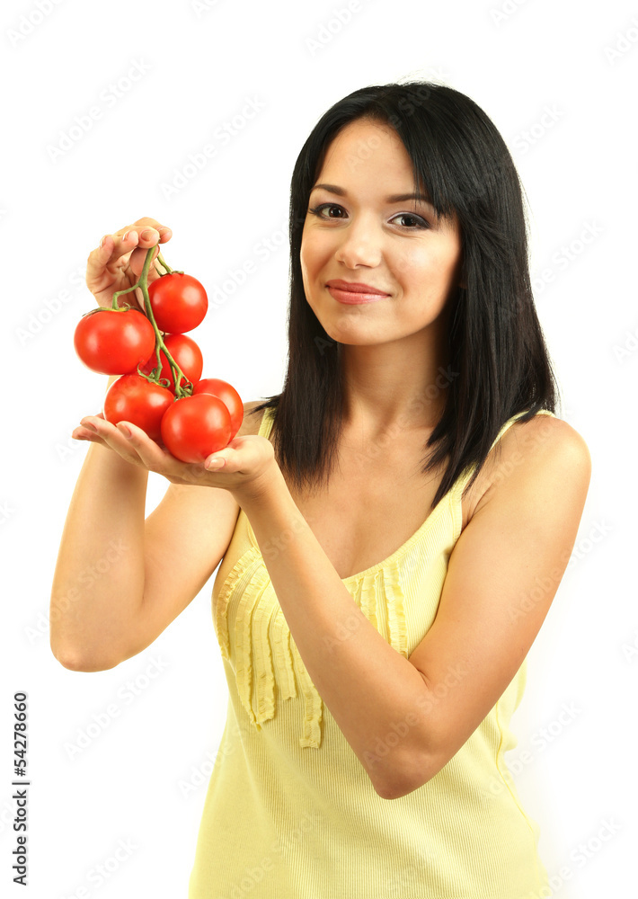 Girl with fresh tomatoes isolated on white Girl with fresh tomatoes isolated on white
