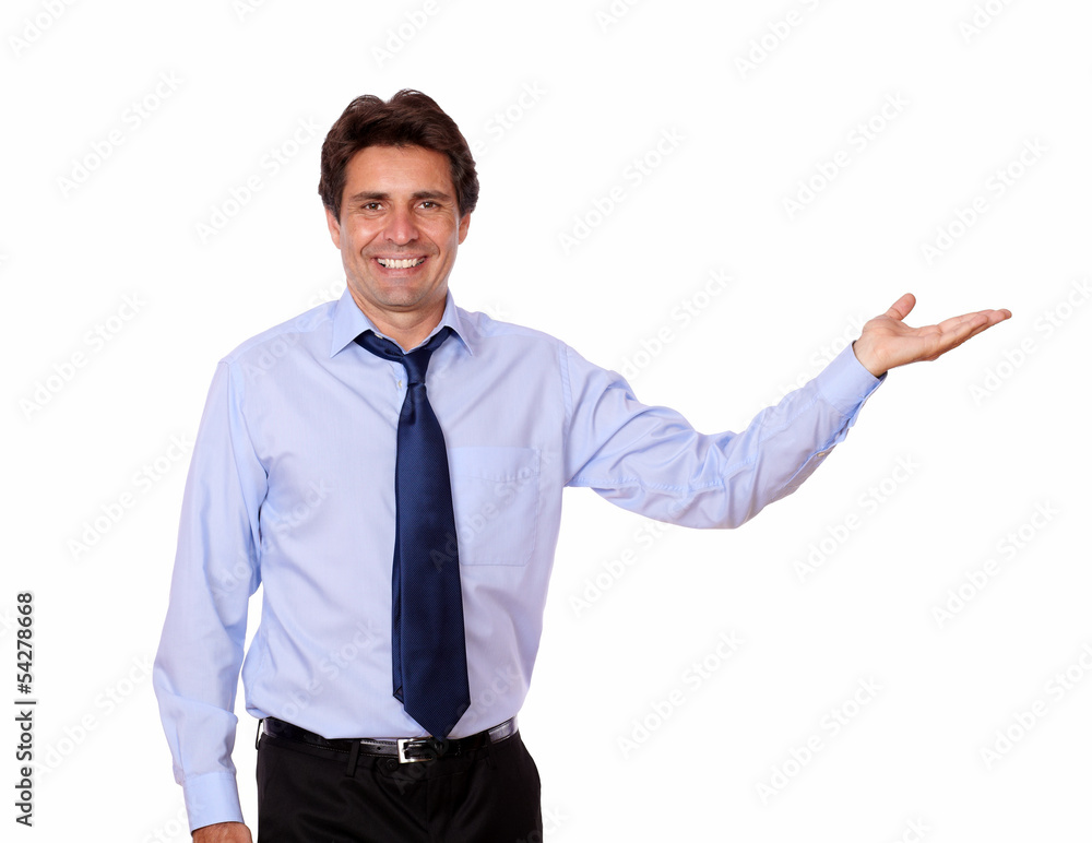 Stylish handsome businessman holding palm out Stylish handsome businessman holding palm out
