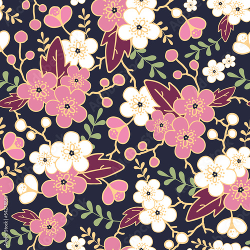 Vector night garden sakura blossoms seamless pattern background