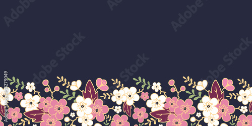 Vector night garden sakura blossoms horizontal seamless pattern