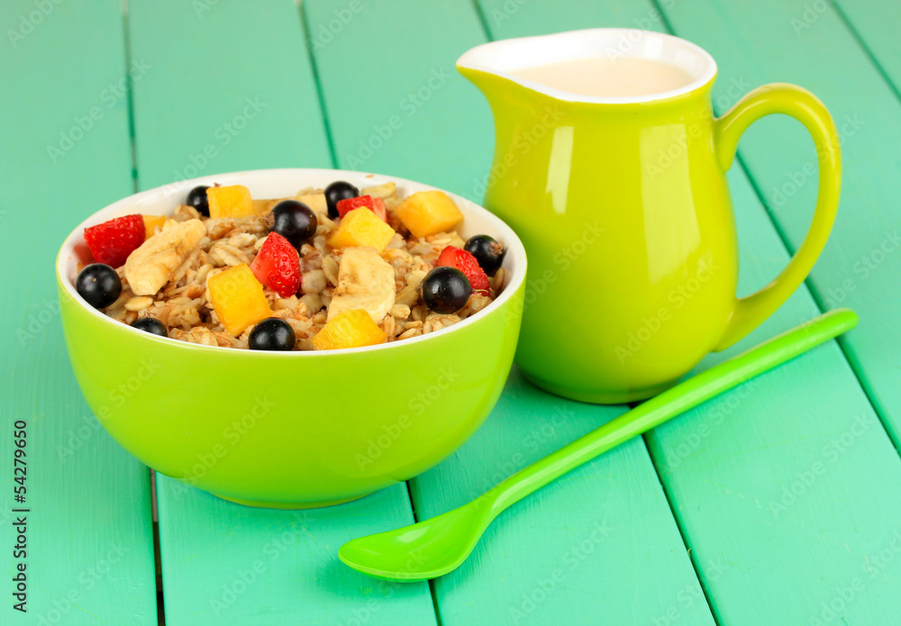 Oatmeal with fruits on table close-up Oatmeal with fruits on table close-up