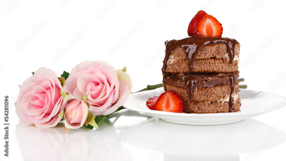 Chocolate cake with strawberry isolated on white Chocolate cake with strawberry isolated on white