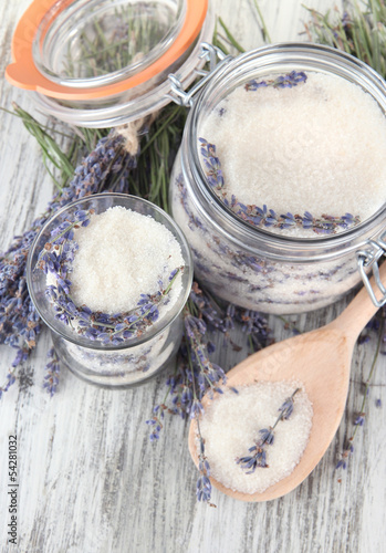 Jar of lavender sugar and fresh lavender flowers