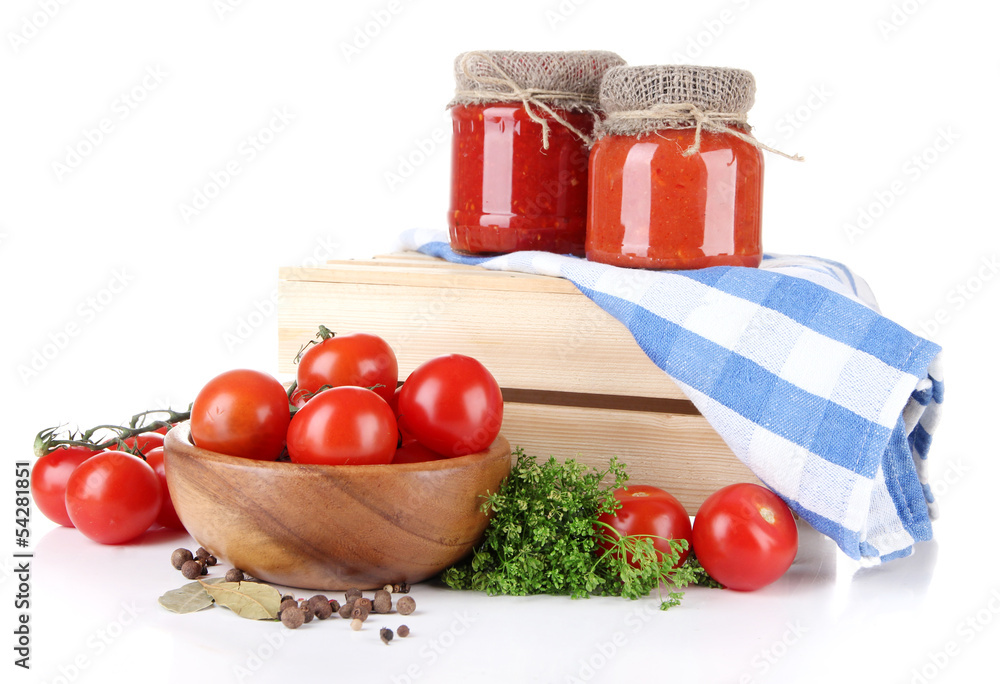 Tasty tomato sauce and fresh tomatoes, isolated on white Tasty tomato sauce and fresh tomatoes, isolated on white