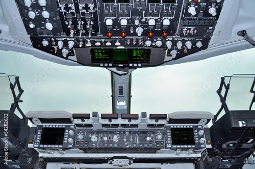 Cockpit view inside the military transport aircraft