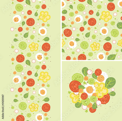 Vector eggs and salad set of seamless pattern and borders with