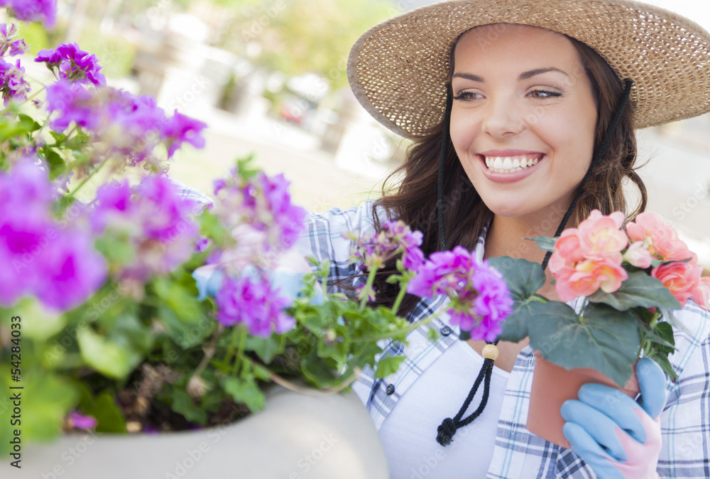 Content Young Adult Woman Wearing Hat Gardening Outdoors