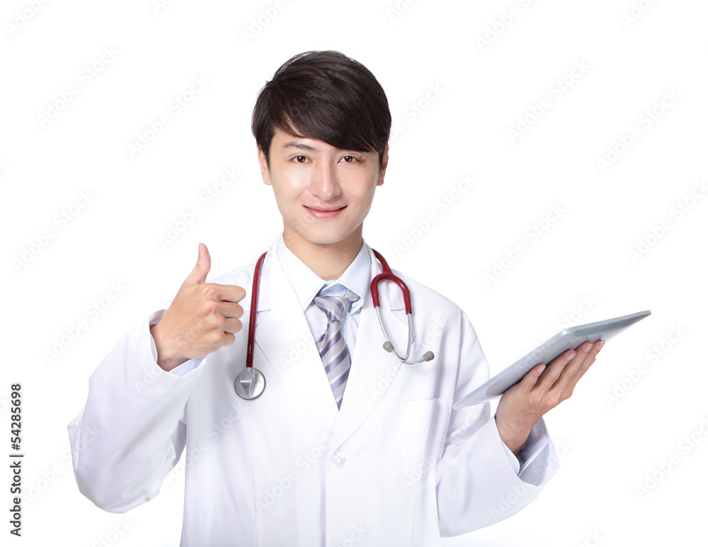 Doctor with stethoscope showing thumb up Doctor with stethoscope showing thumb up