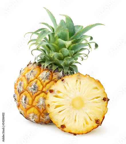 Isolated pineapple. Whole pineapple fruit and a slice isolated on white background