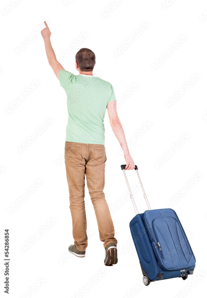 back view of walking man with suitcase. back view of walking man with suitcase.
