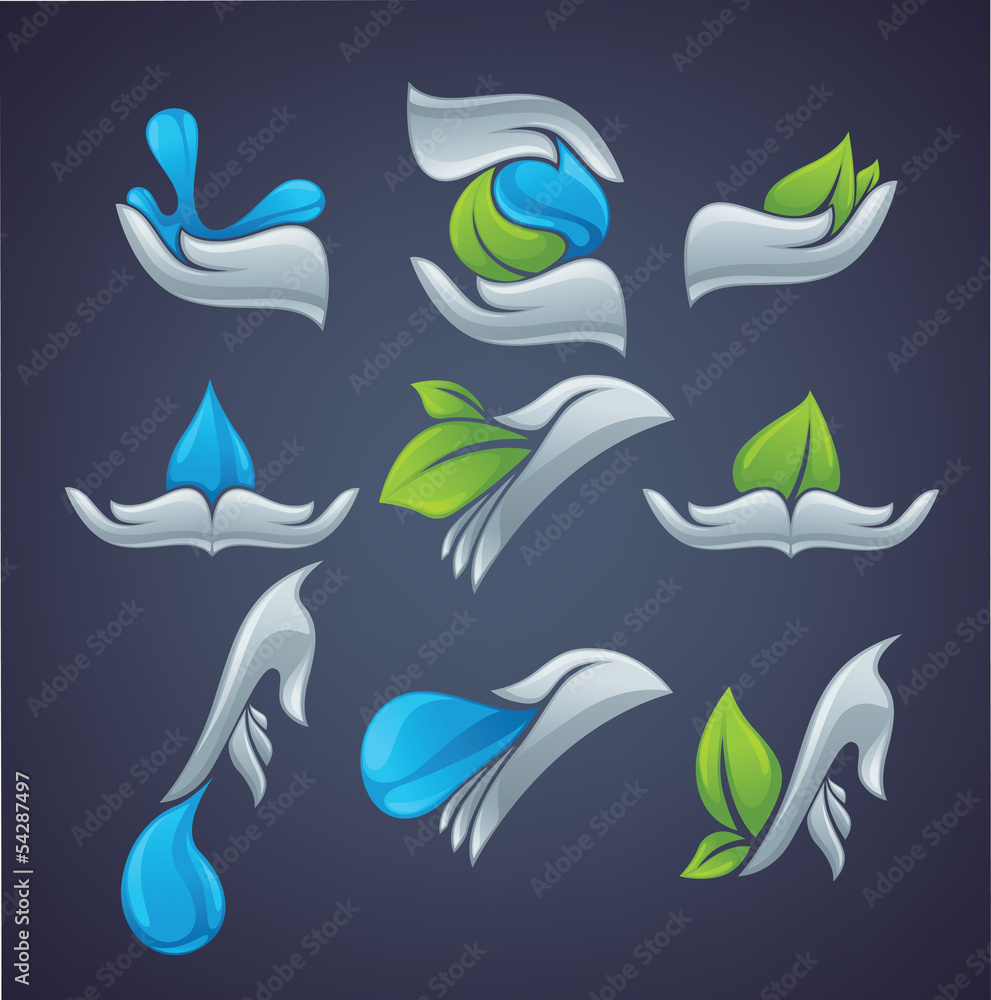 Naklejka premium human's hands and green plants and water drops