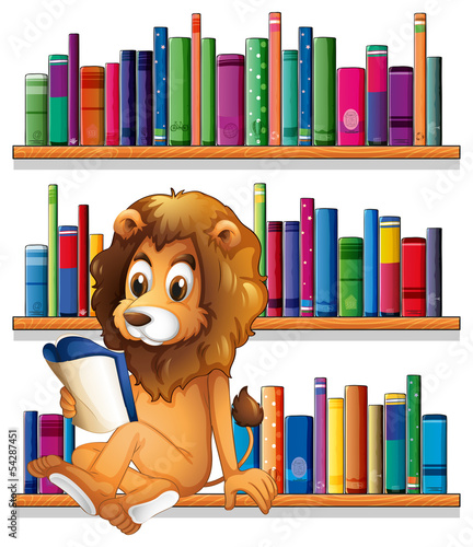 A lion reading a book while sitting on a bookshelf