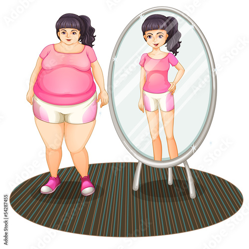 A fat girl and her slim version in the mirror