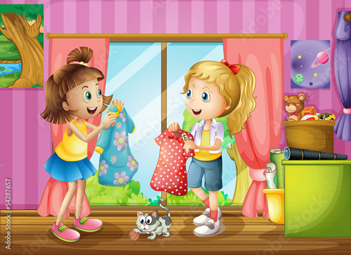 Two girls talking about their dresses