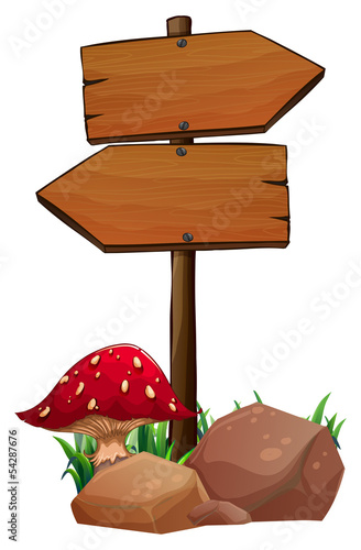 A red mushroom near the wooden arrowboards