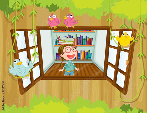 A girl with a book above her head near the window with birds