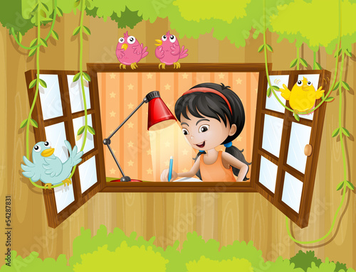 A girl studying near the window with birds