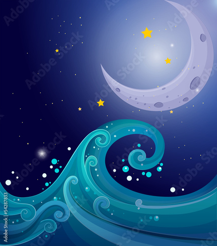 An image of the sea waves with a moon