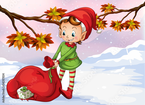 An elf holding a bag of gifts