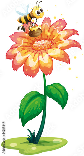 A bee holding a pot of honey above the giant plant