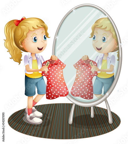 A girl holding a red dress in front of the mirror