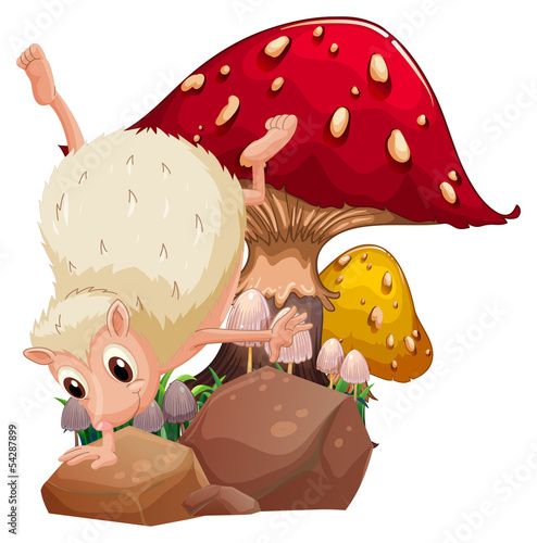 A molehog playing near the giant red mushroom