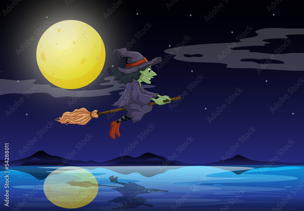 Naklejka premium A witch riding on a broom travelling in the middle of the night