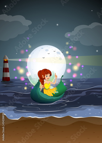 A fairy riding on a boat at the beach