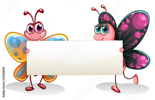 Two colorful butterflies holding an empty banner