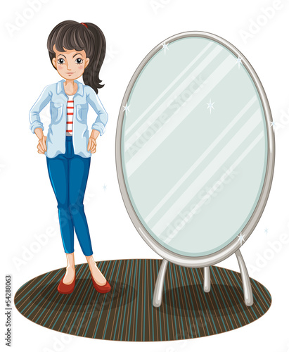 A girl with a jacket standing beside a mirror