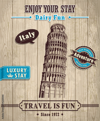 Vintage Italy Leaning Tower of Pisa travel vacation poster