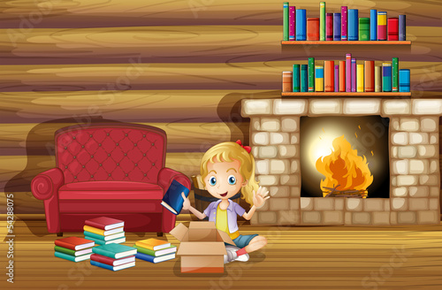 A girl fixing her books near the fireplace
