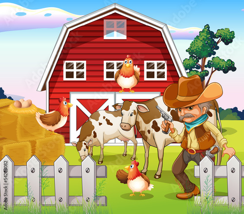 An old armed cowboy at the farm with a red barnhouse