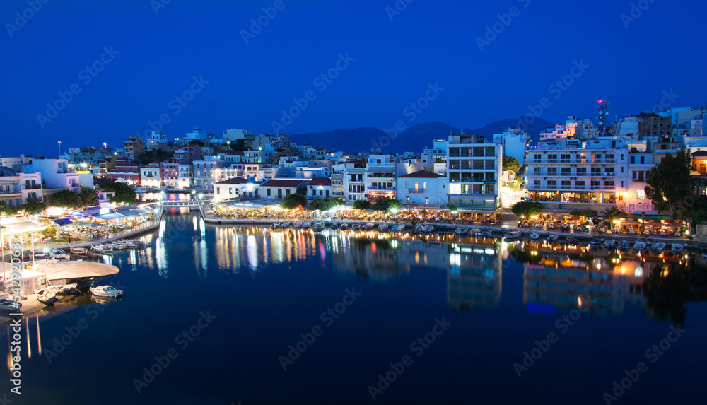 Aghios Nikolaos night cityscape, eastern Crete, Greece