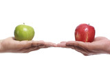 Two Hands holding red and green apples
