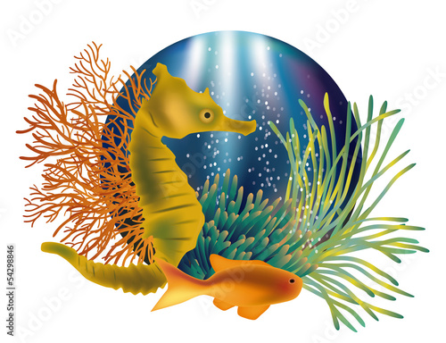 Underwater world banner with seahorse and fish, vector