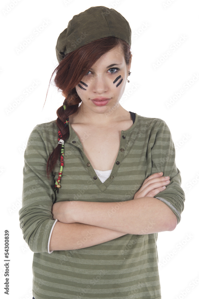 Girl with arms crossed dressed as a mercenary Girl with arms crossed dressed as a mercenary