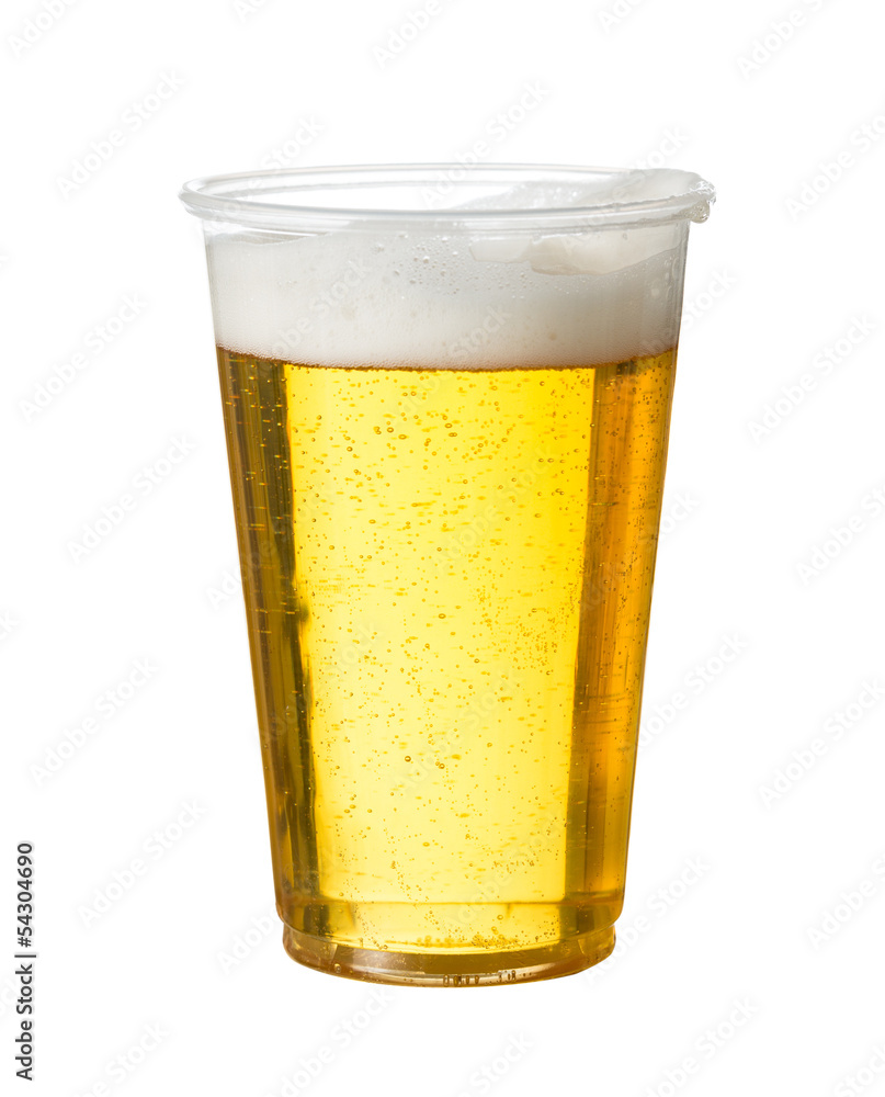 Glass of beer in a plastic tumbler