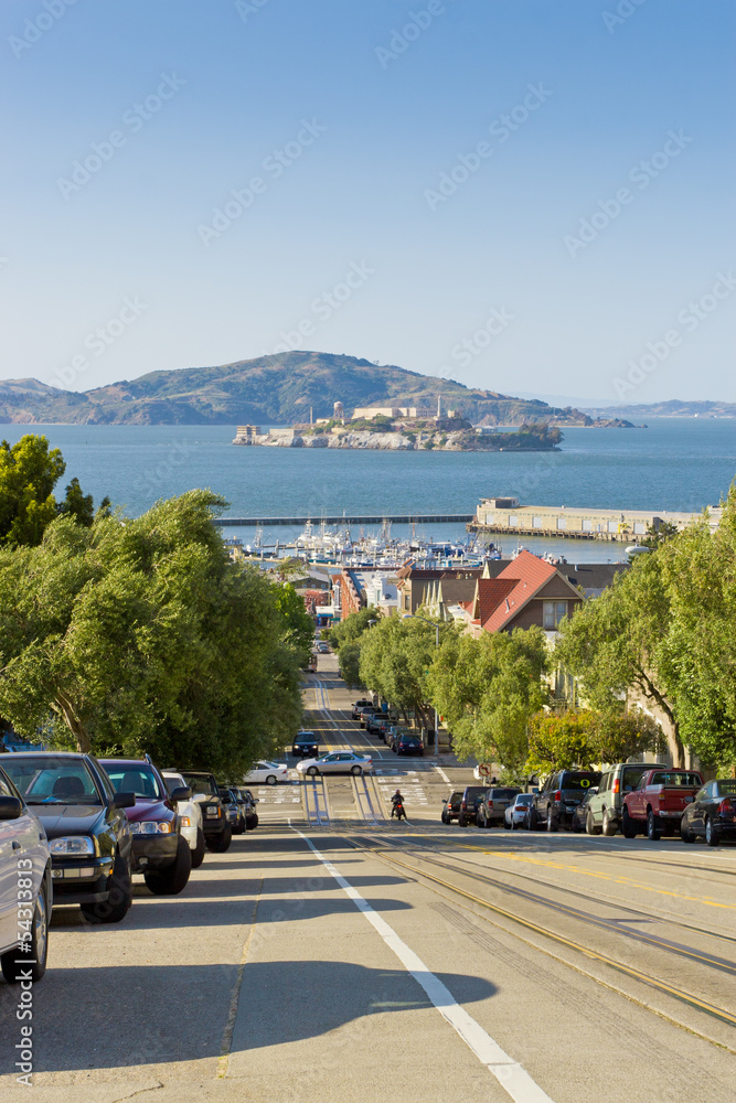 Street overlooking Alcatraz in San Francisco, USA