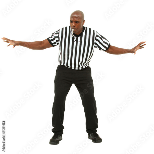 Attractive fit black man in referee uniform facing front and blo photo