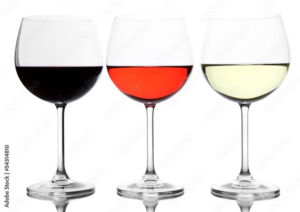 Assortment of wine in glasses isolated on white
