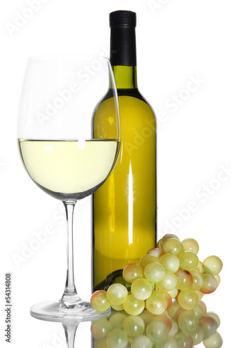 White wine glass and bottle of wine isolated on white